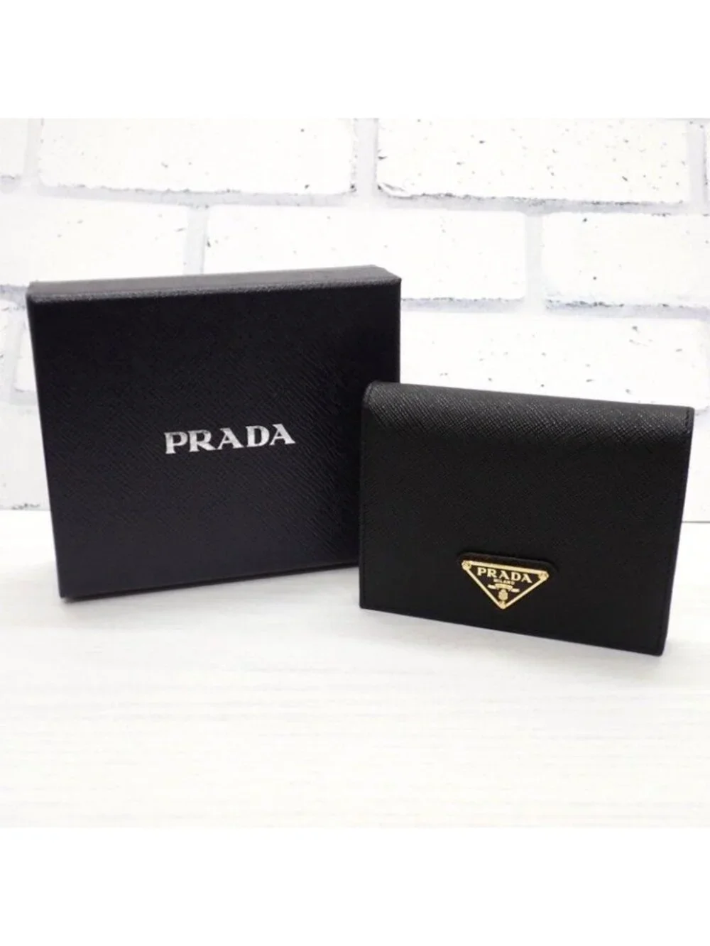 Prada Triangle Wallet 1 MV Bifold Mini Saffiano Black Gold